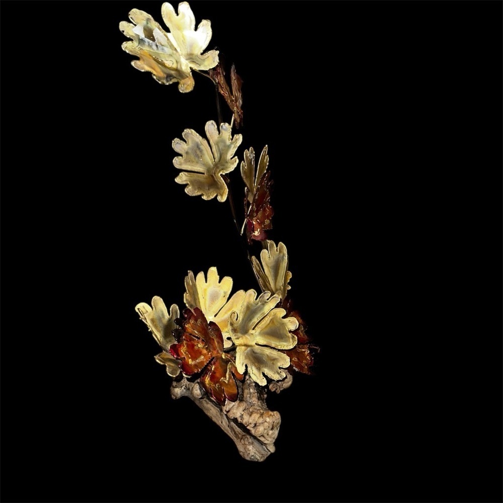 Vintage Mid-Century Modern Gold Metal Leaf Art Sculpture on Myrtle Wood Burl - Picture 2 of 3